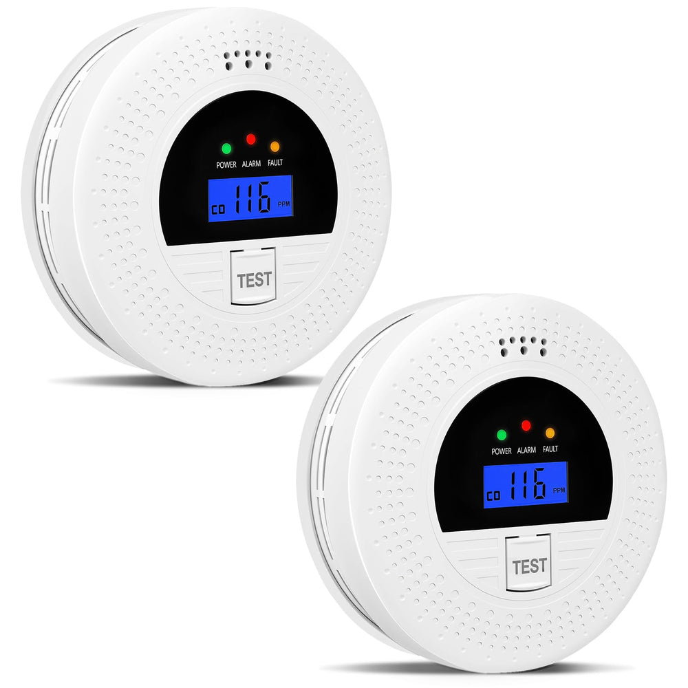 Soewolit 2-pack smoke and CO detector with LCD display for quick status checks.