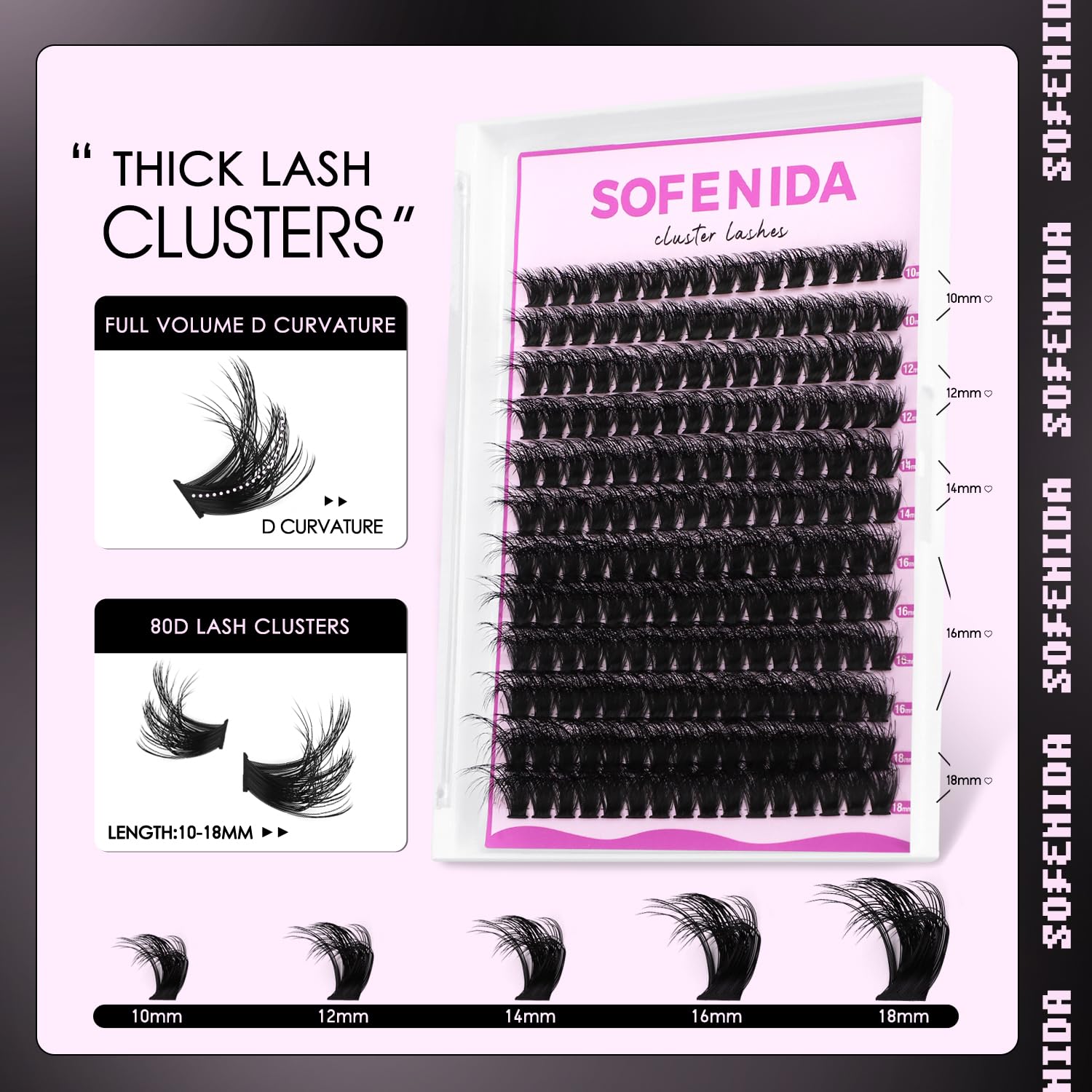 SOFENIDA lash clusters kit 80D D-curly extensions close-up shows dense volume