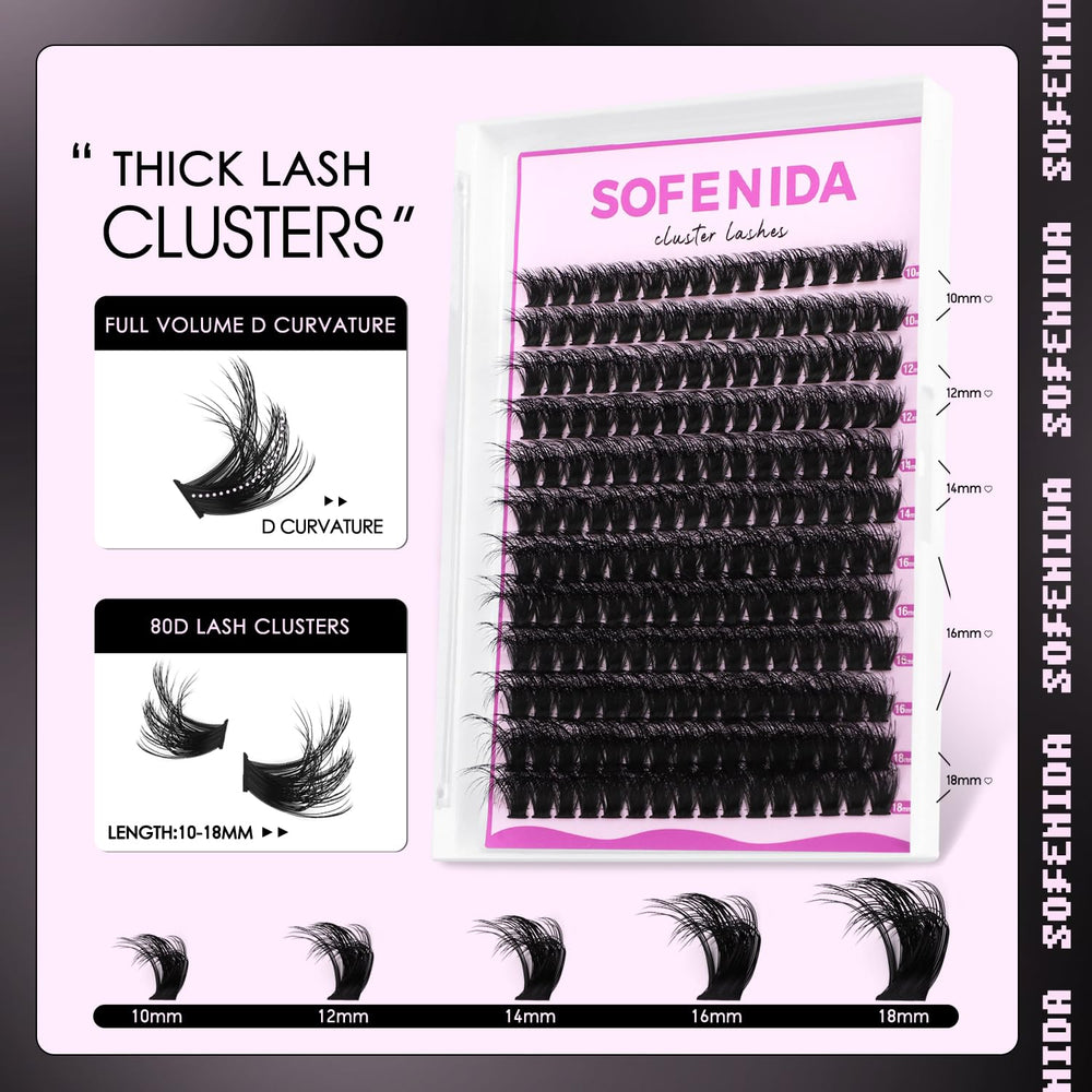 SOFENIDA lash clusters kit 80D D-curly extensions close-up shows dense volume