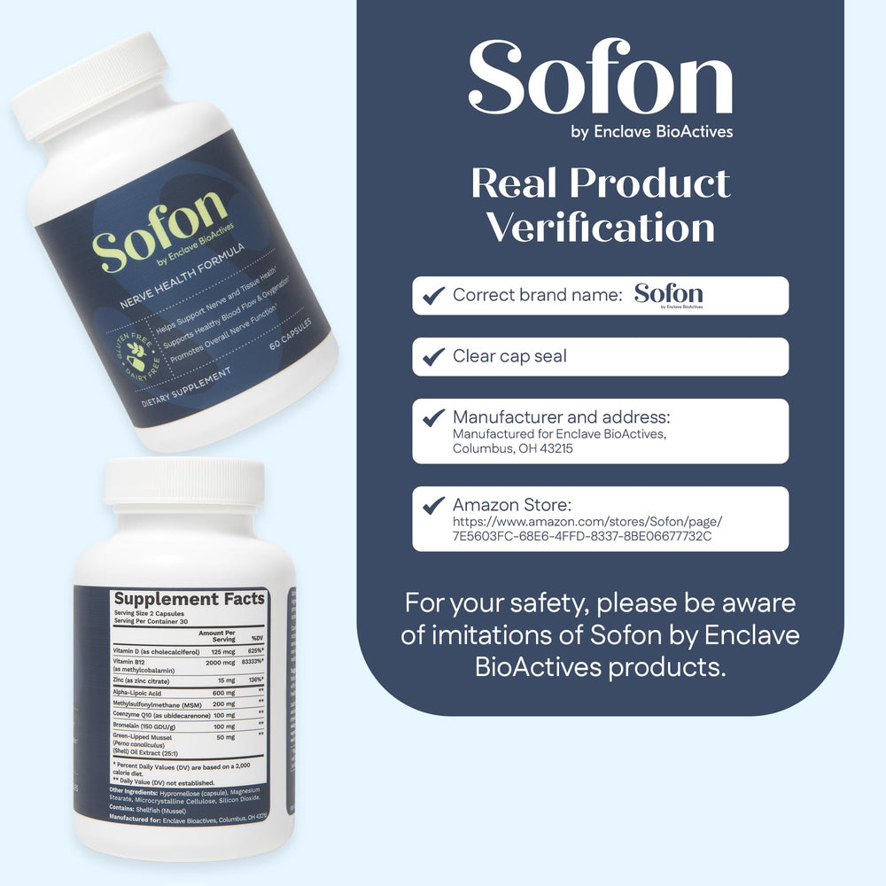 Sofon Nerve Support label featuring vitamin D, B12, and zinc