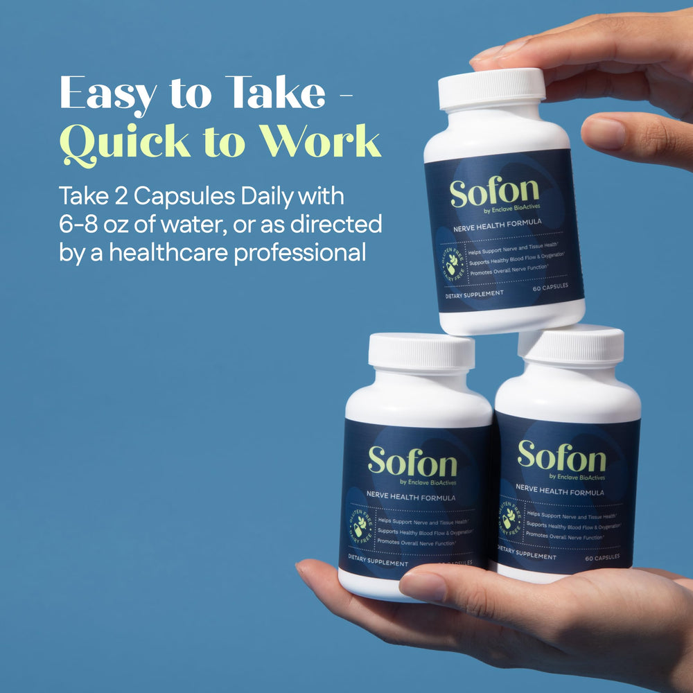 Sofon Nerve Support packaging on a clean counter communicates natural formulation