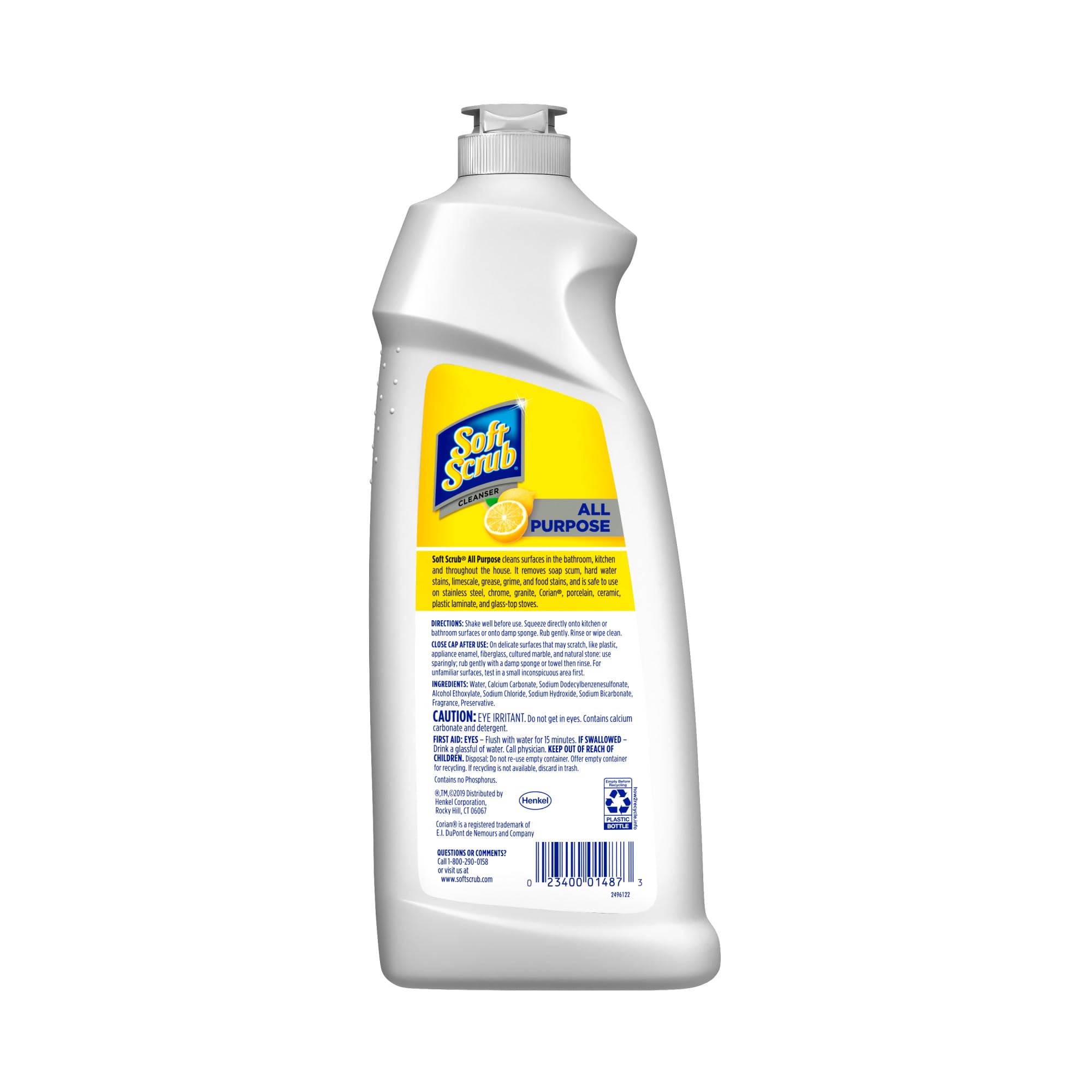 Close-up of Soft Scrub Lemon Cleaner label highlighting lemon scent.