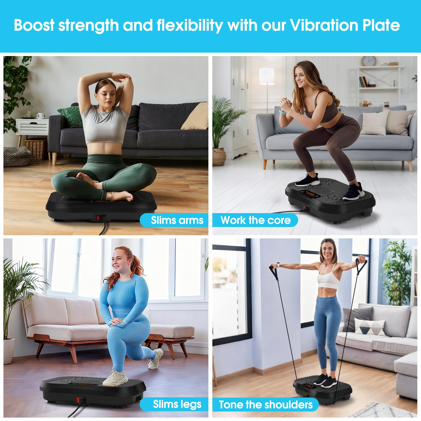 SoftGym vibration plate with non-slip feet for stable, low-noise workouts.