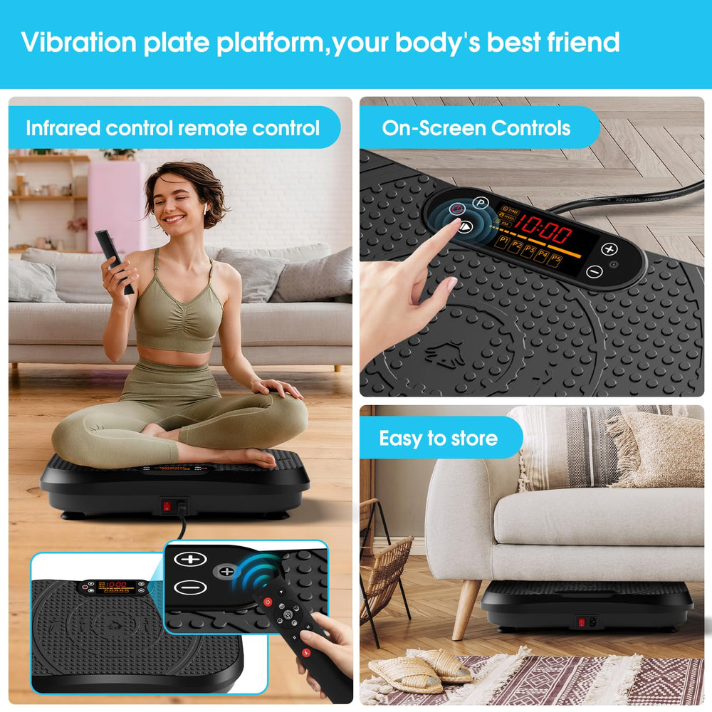 SoftGym vibration plate with remote and LED display for easy, customized sessions.
