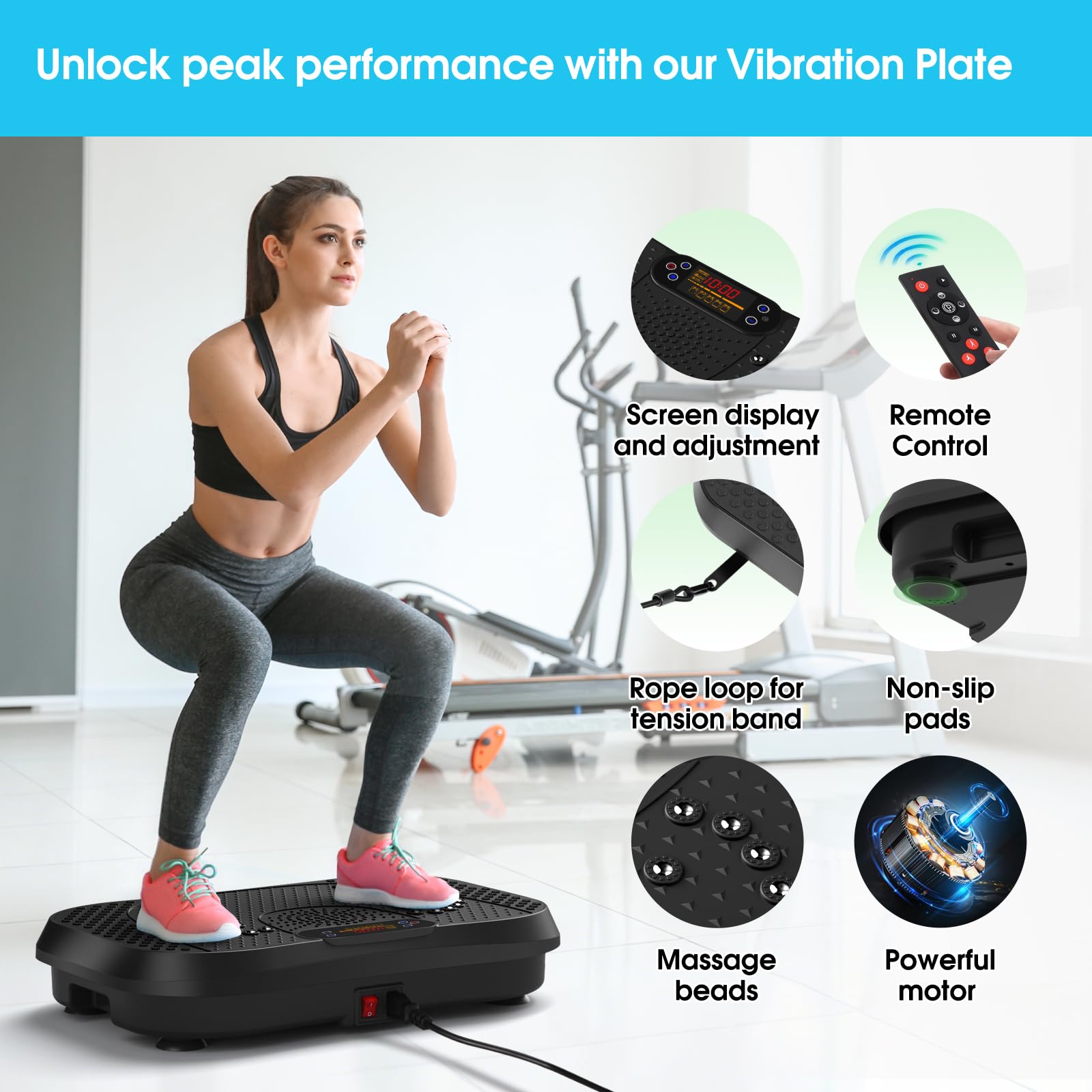 SoftGym vibration plate with resistance bands included for full-body training.
