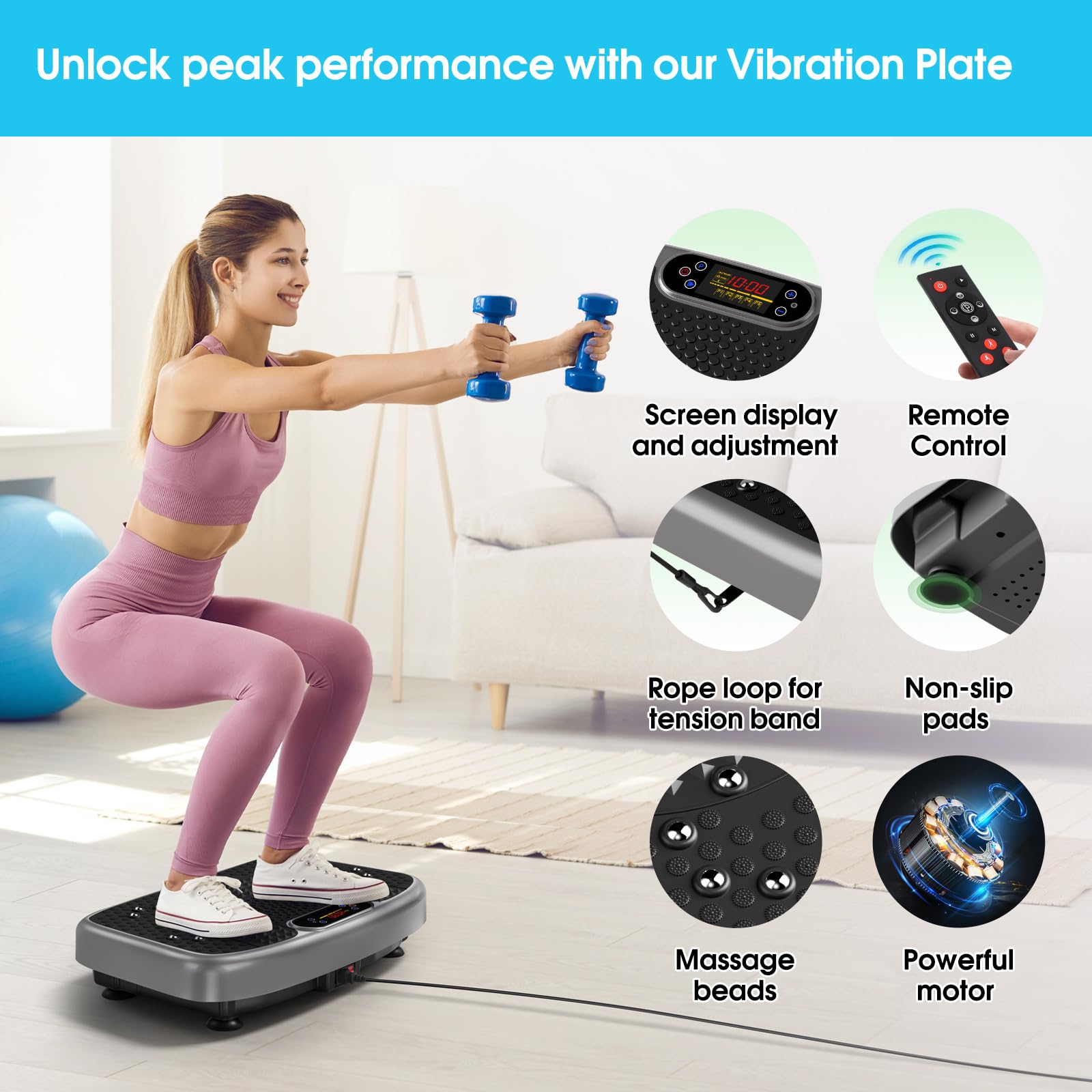 SoftGym vibration plate resistance bands enable full-body toning workouts