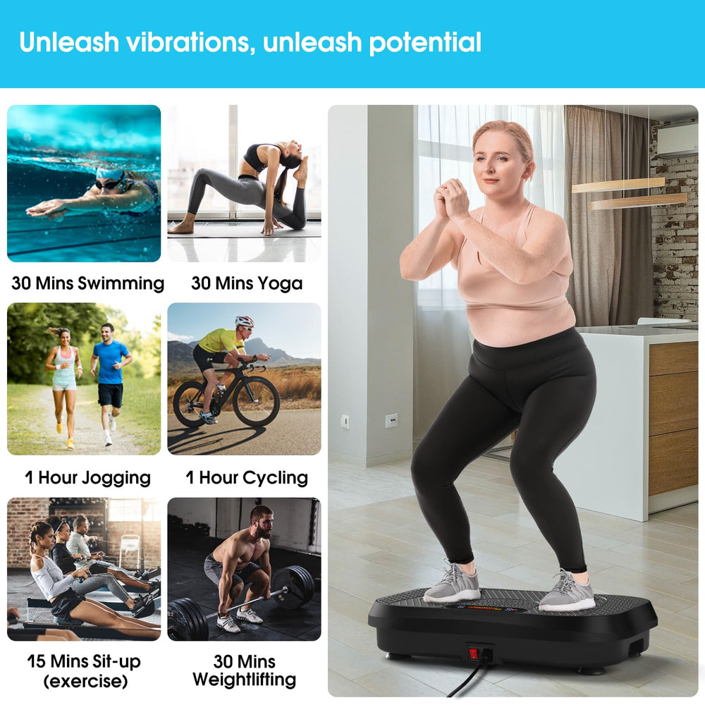 SoftGym vibration plate under-desk setup; space-saving fitness solution.