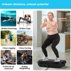 SoftGym vibration plate under-desk setup; space-saving fitness solution.