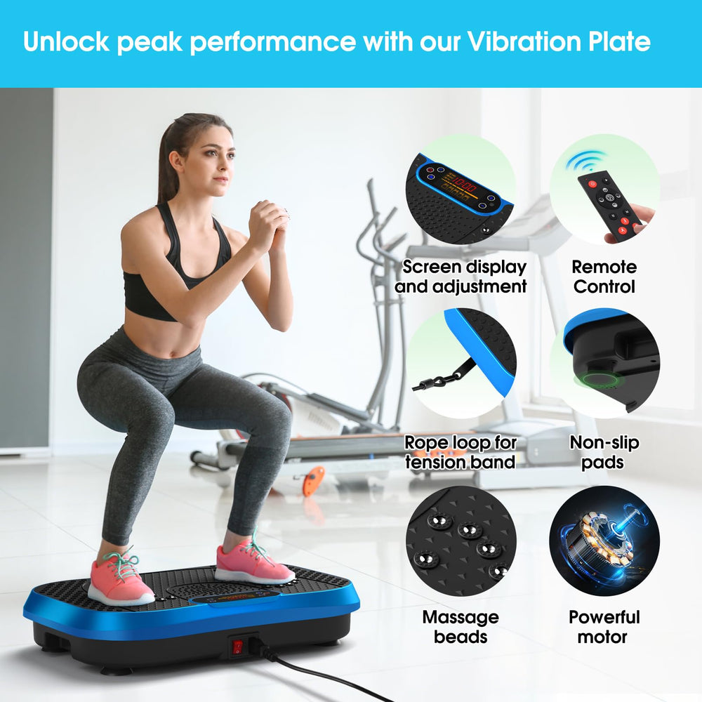 SoftGym vibration plate with resistance bands for full-body training at home.