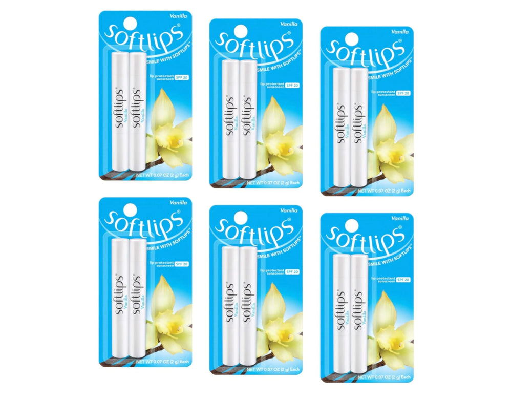SoftLips Vanilla lip balm 12-pack with SPF 20 for daily hydration and sun protection.