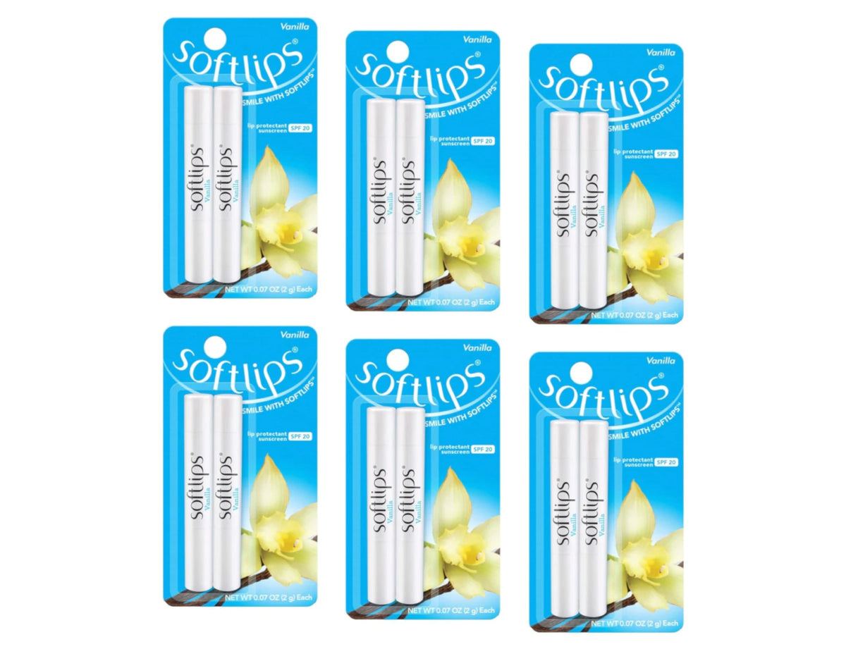 SoftLips Vanilla lip balm 12-pack with SPF 20 for daily hydration and sun protection.
