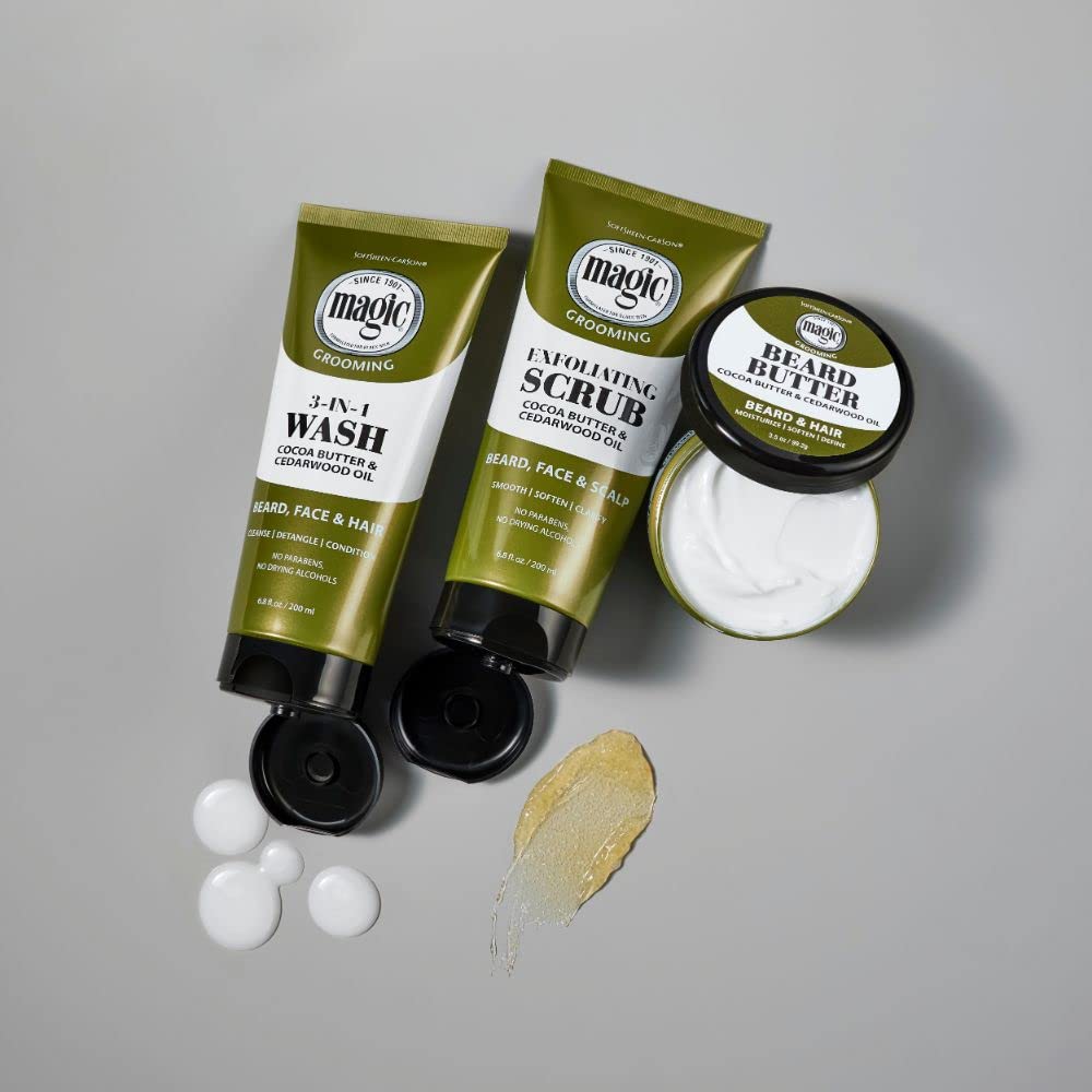 SoftSheen Magic Cedarwood oil bottle paired with beard butter.