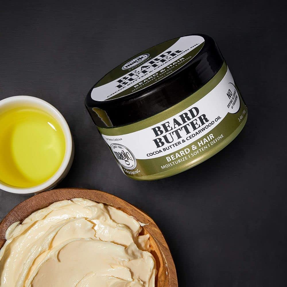 SoftSheen Magic Beard Butter features cocoa butter and cedarwood for nourishment.