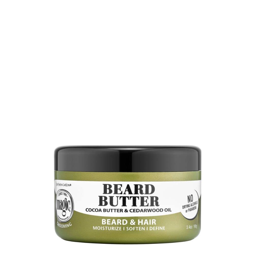 SoftSheen Magic Beard Butter jar front view showing creamy texture for soft, defined facial hair.