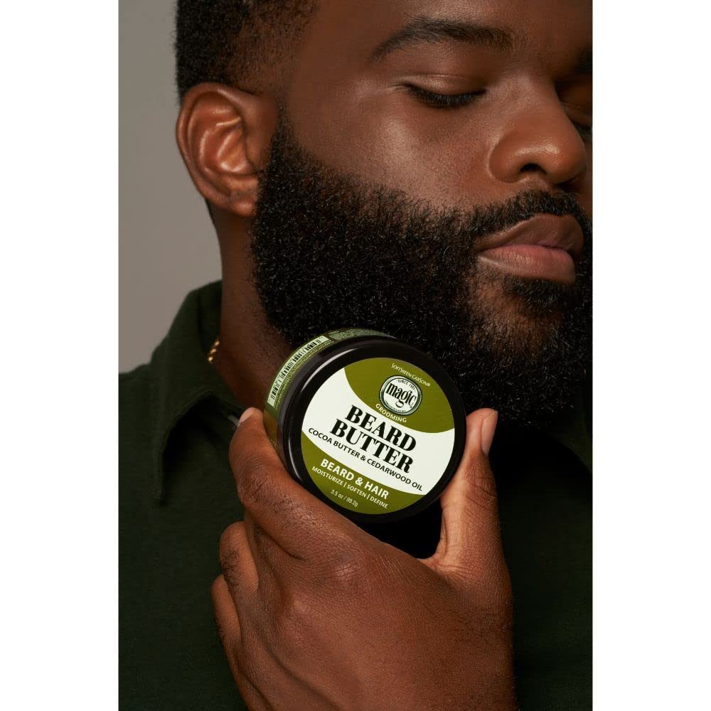 SoftSheen Magic Beard Butter applied to beard for conditioning and definition.