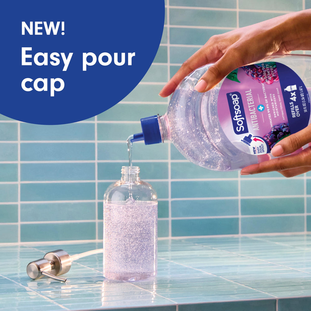 Display of six Softsoap 50 oz bottles for household refills