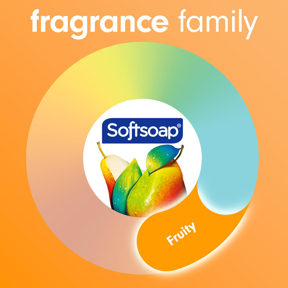 Softsoap Sparkling Pear label close-up highlighting fragrance and formula