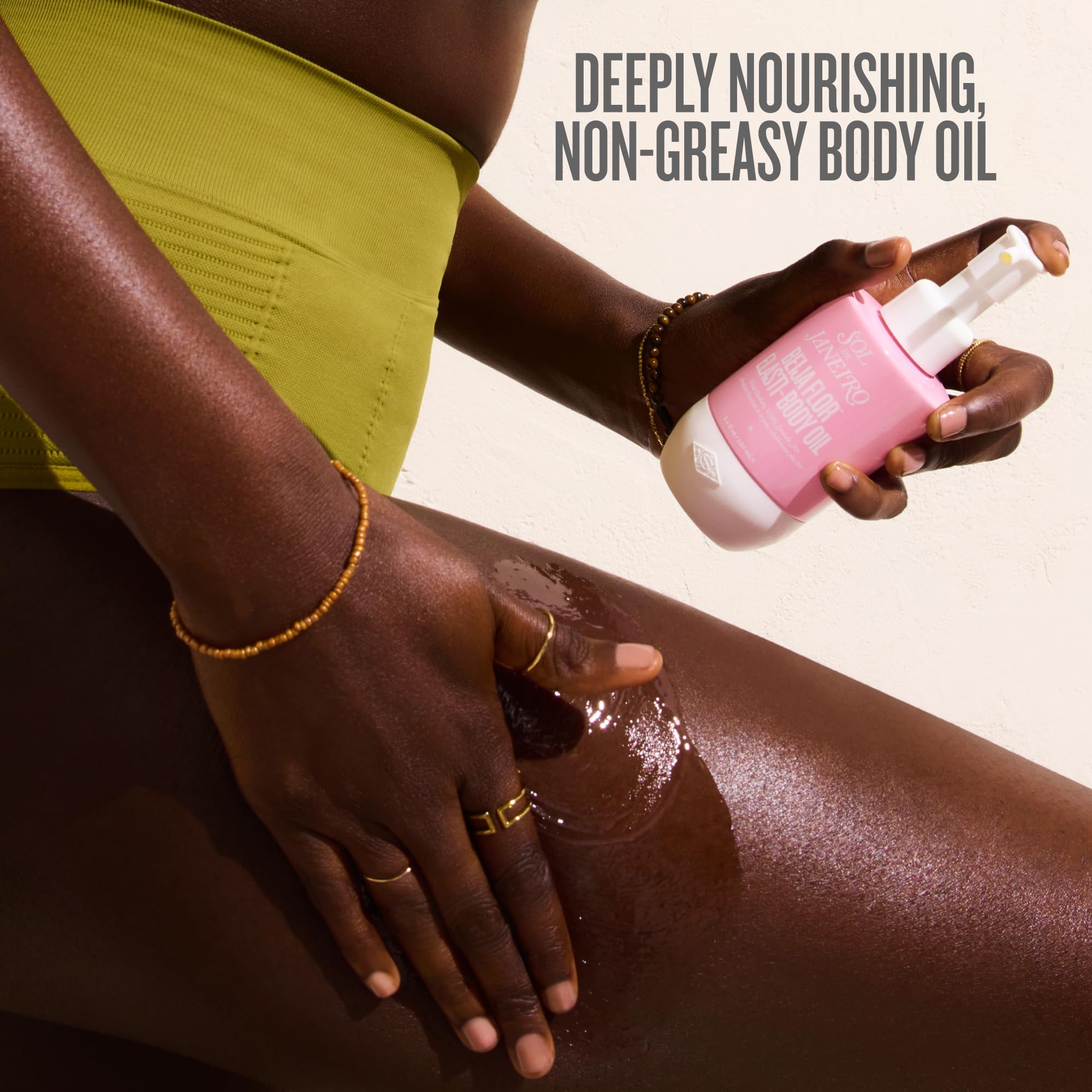 Sol de Janeiro Beija Flor Elasti-Body Oil bottle being dispensed for easy use.