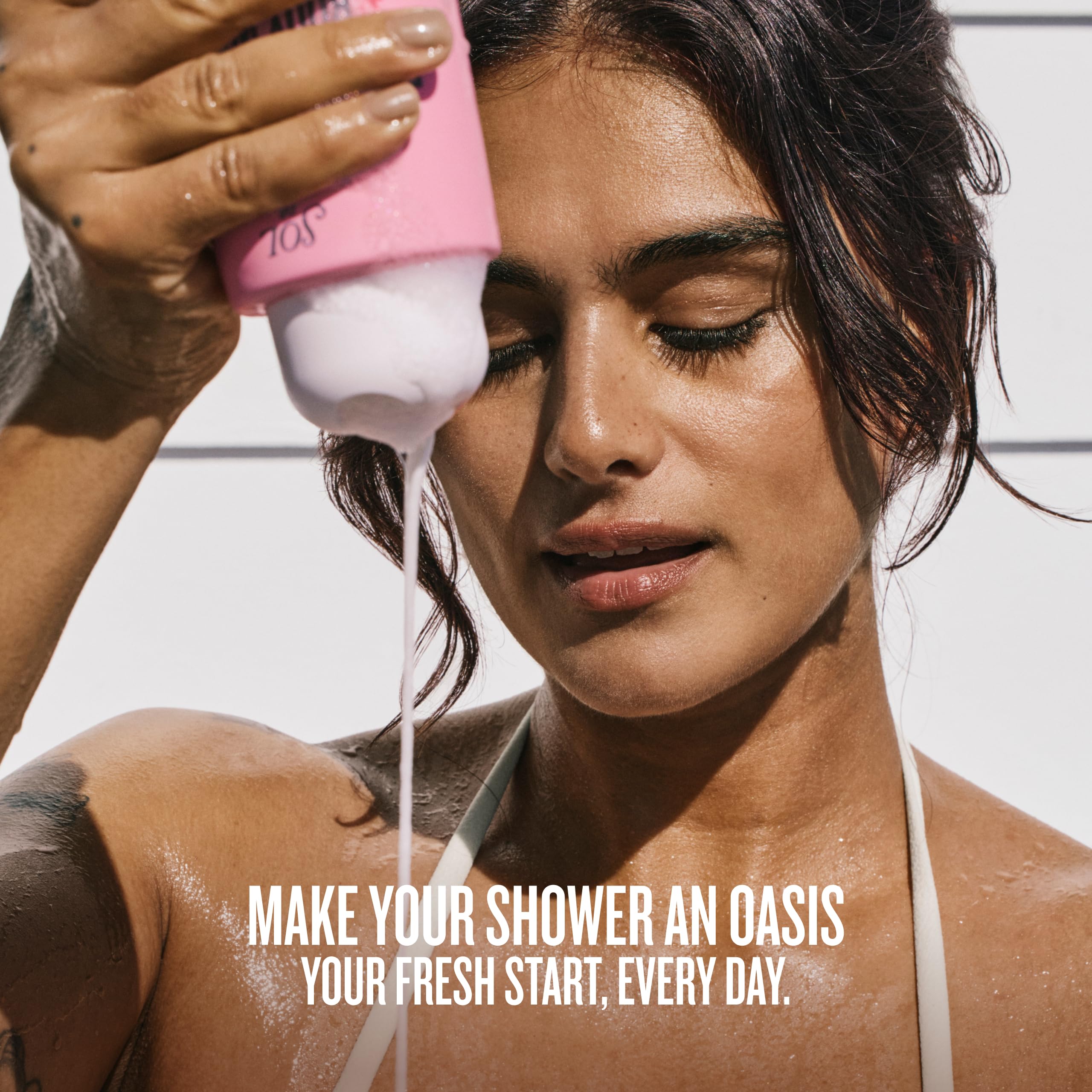 Routine steps visual for Beija Flor shower rituals in a bathroom