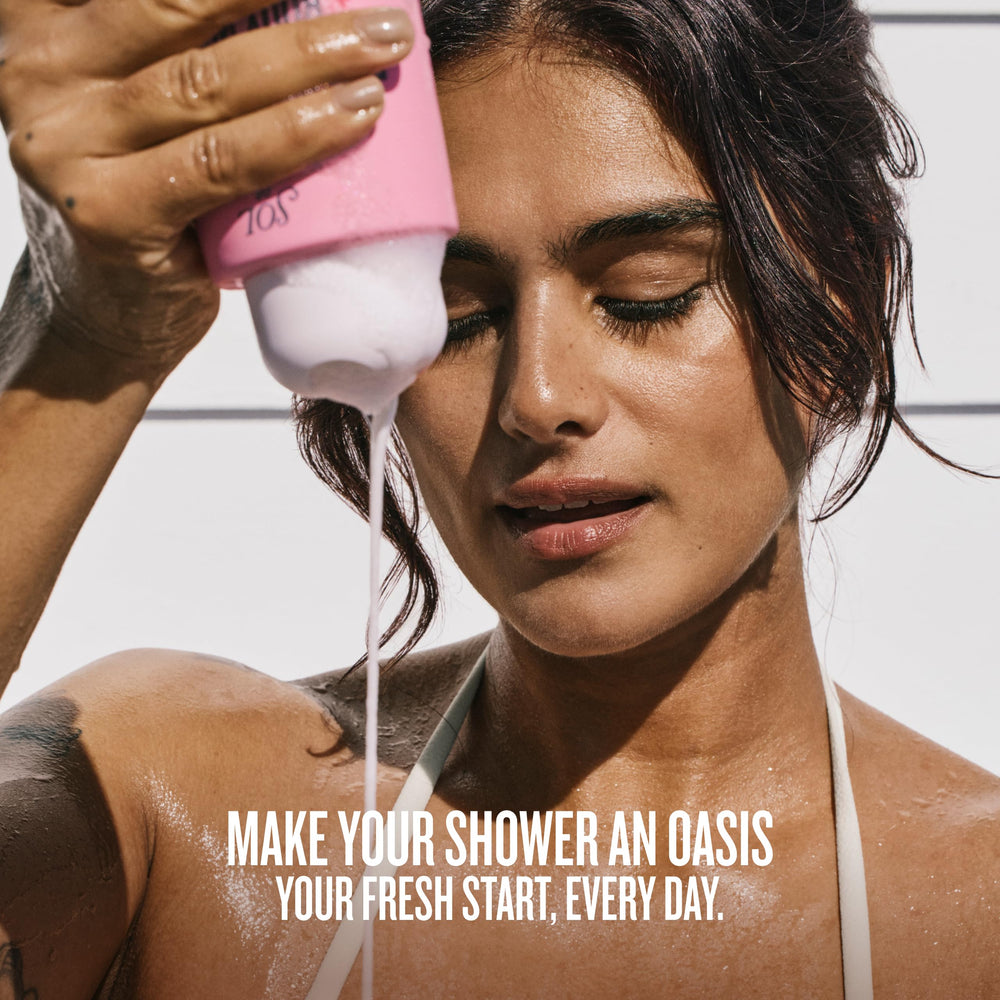 Routine steps visual for Beija Flor shower rituals in a bathroom
