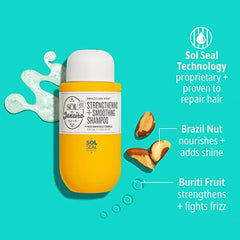 Sol de Janeiro shampoo label closeup emphasizes Cheirosa 62 fragrance and vegan formula