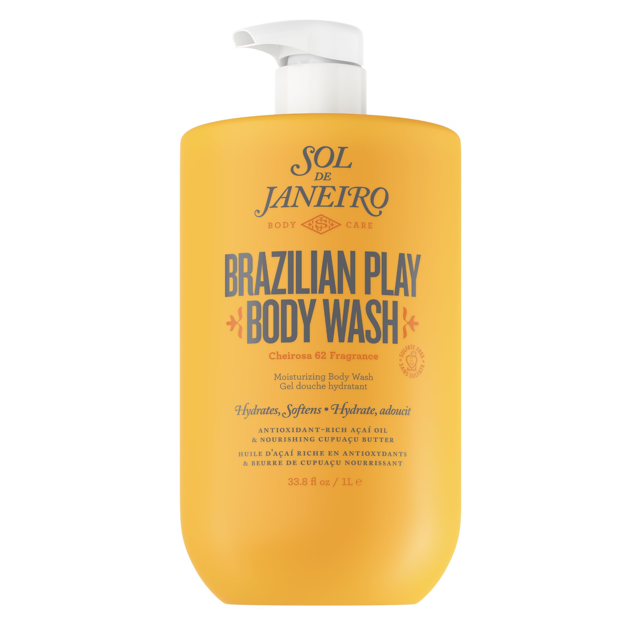 Sol de Janeiro Brazilian Play Body Wash bottle with pump hydrates while cleansing.