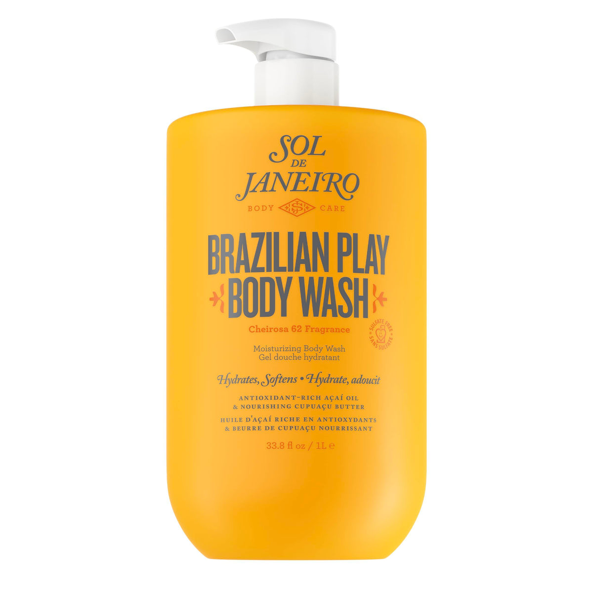 Sol de Janeiro Brazilian Play Body Wash bottle with pump hydrates while cleansing.