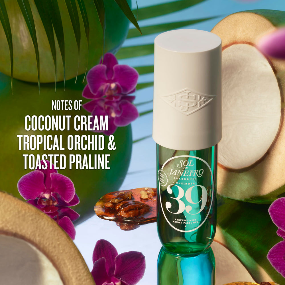 Sol de Janeiro Cheirosa 39 spray-action image suggests light, travel-friendly fragrance.