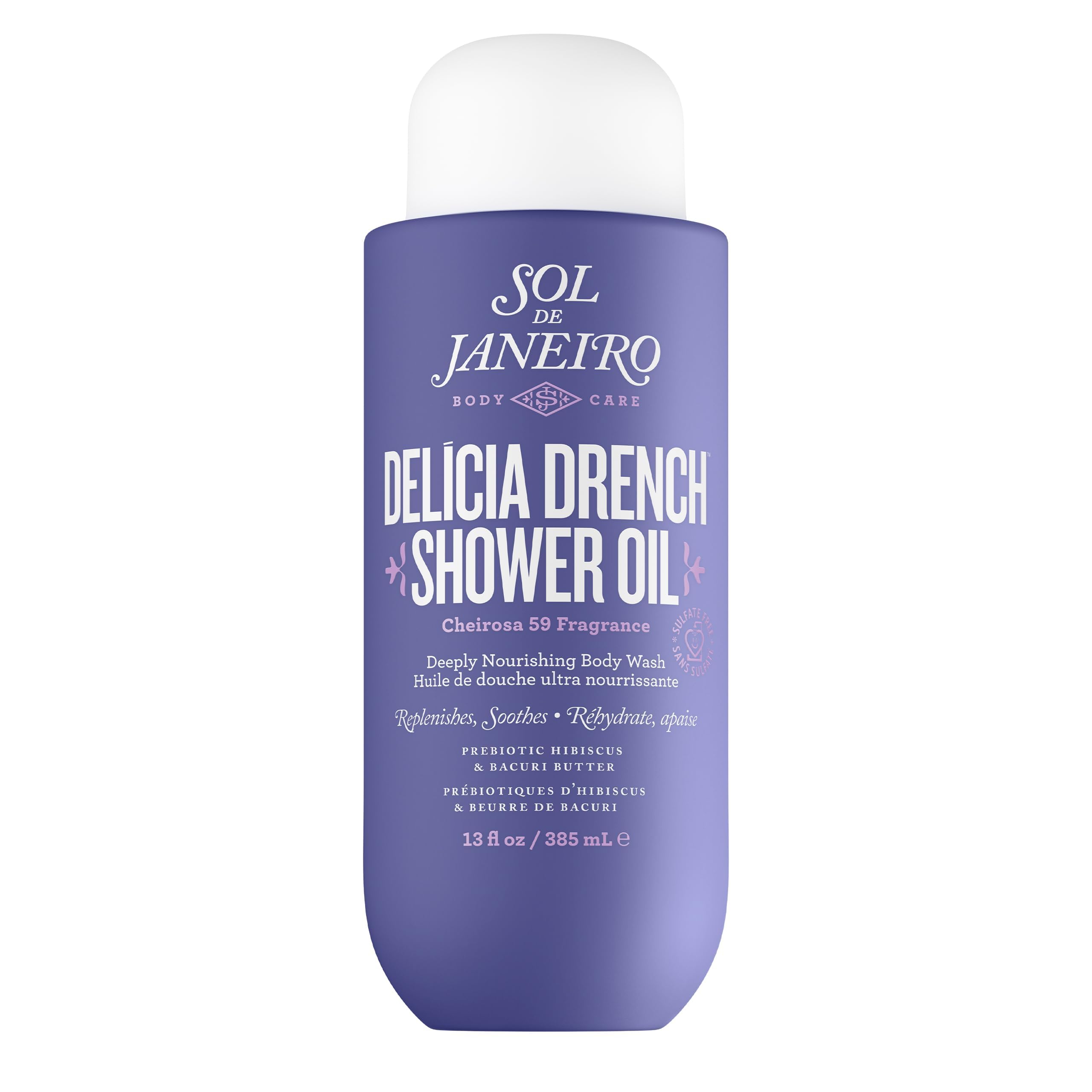 Sol de Janeiro Delícia Drench Shower Oil bottle pour for nourishing cleansing.