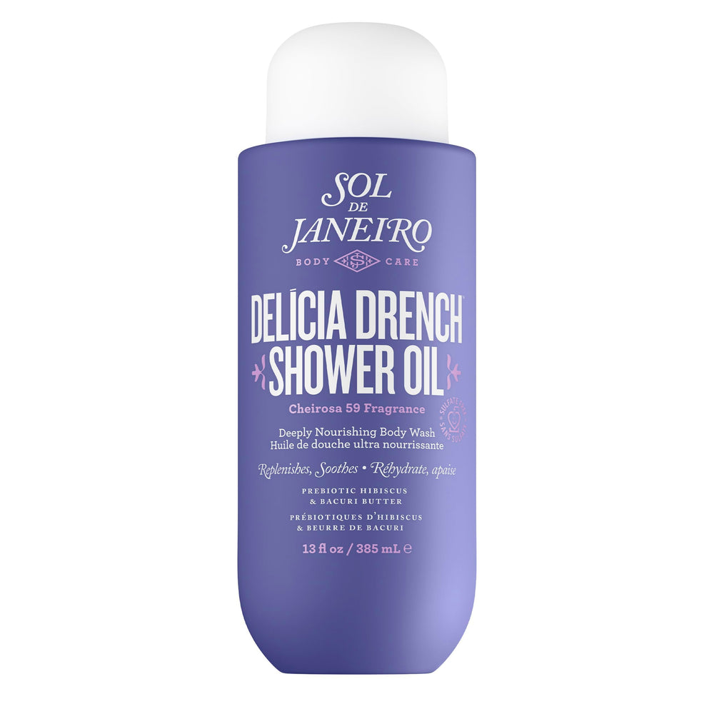 Sol de Janeiro Delícia Drench Shower Oil bottle pour for nourishing cleansing.