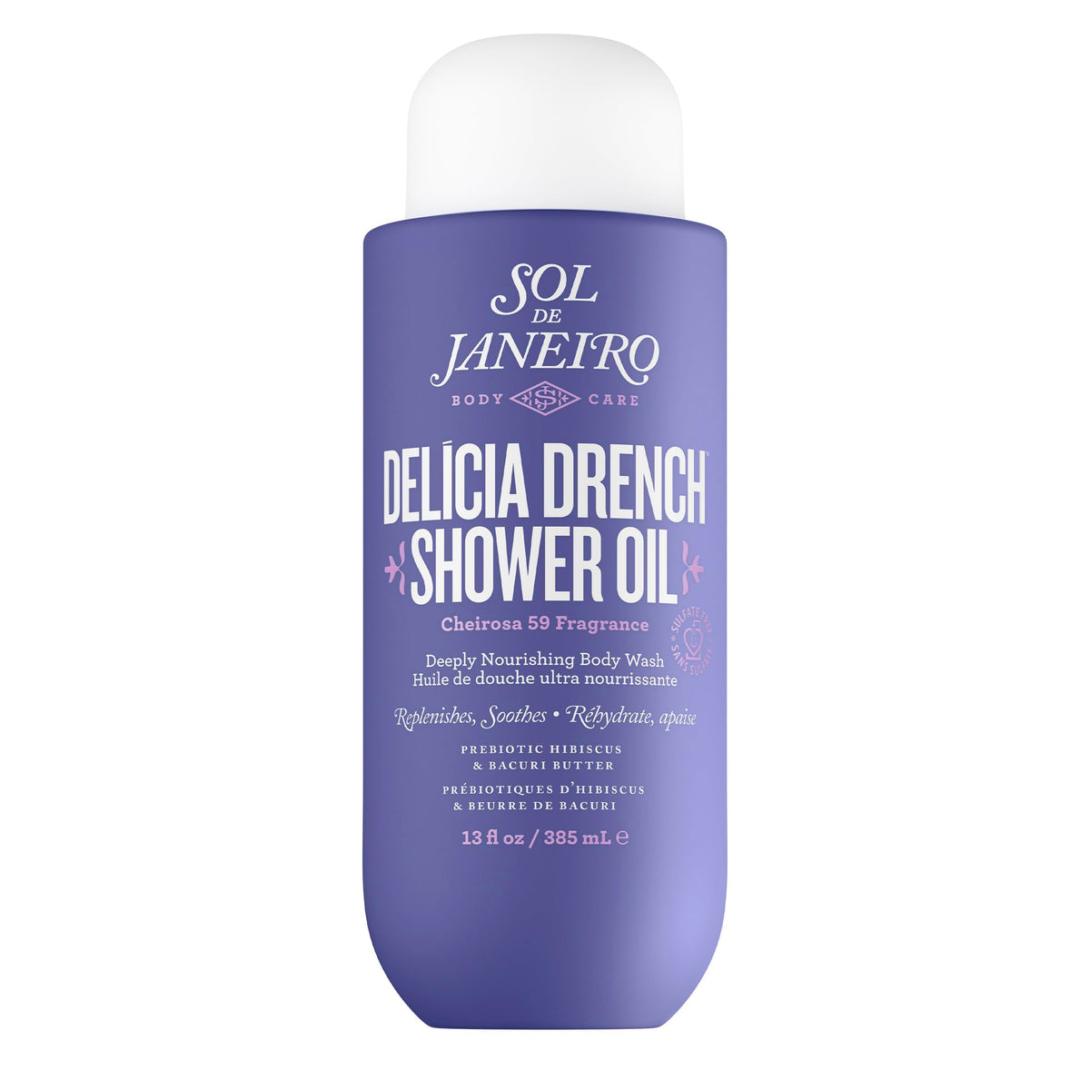Sol de Janeiro Delícia Drench Shower Oil bottle pour for nourishing cleansing.