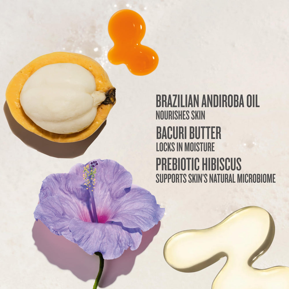 Sol de Janeiro Delícia Drench Shower Oil label highlights andiroba oil and bacuri butter.