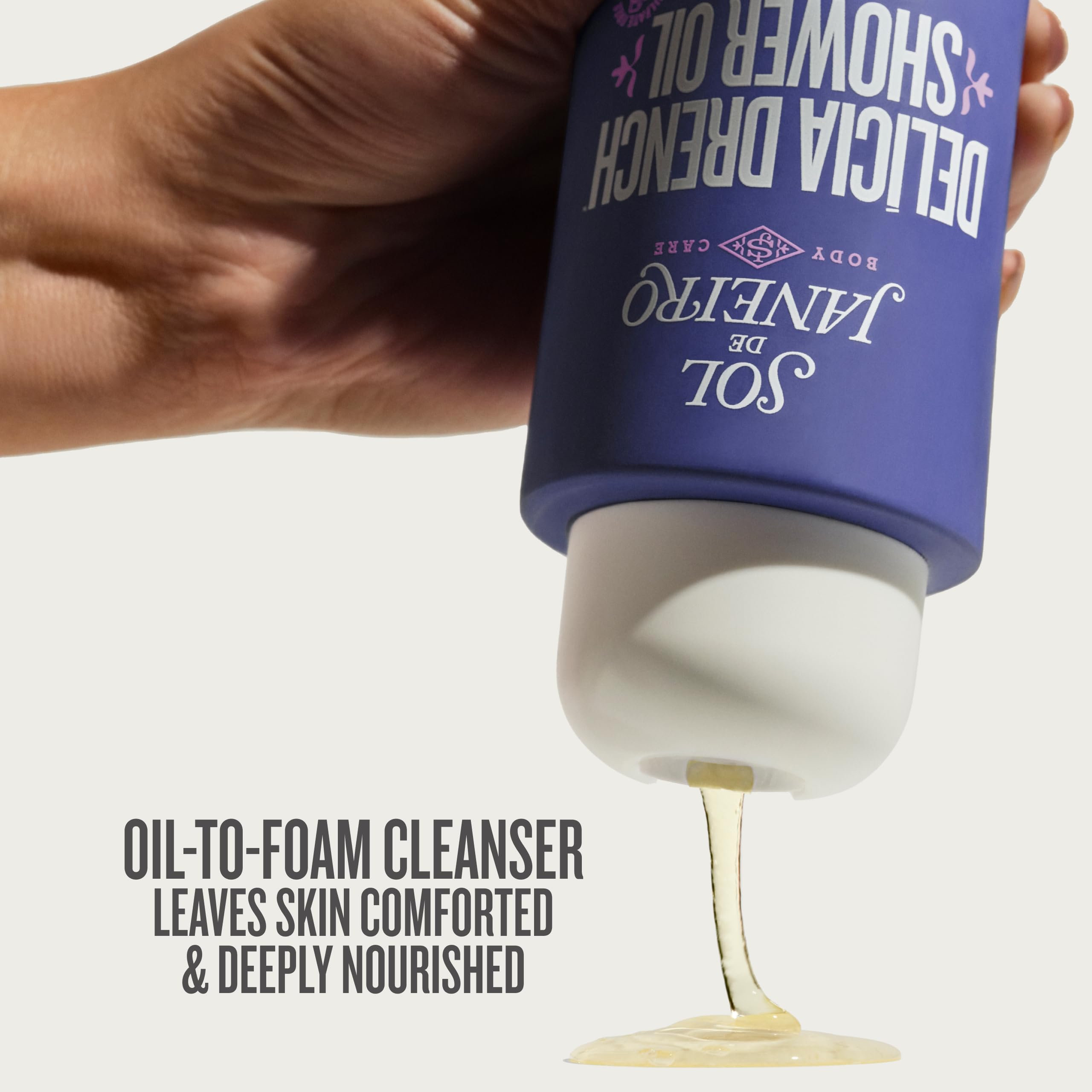 Sol de Janeiro Delícia Drench Shower Oil being poured to start a silky lather.