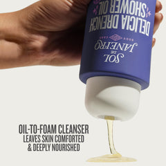 Sol de Janeiro Delícia Drench Shower Oil being poured to start a silky lather.
