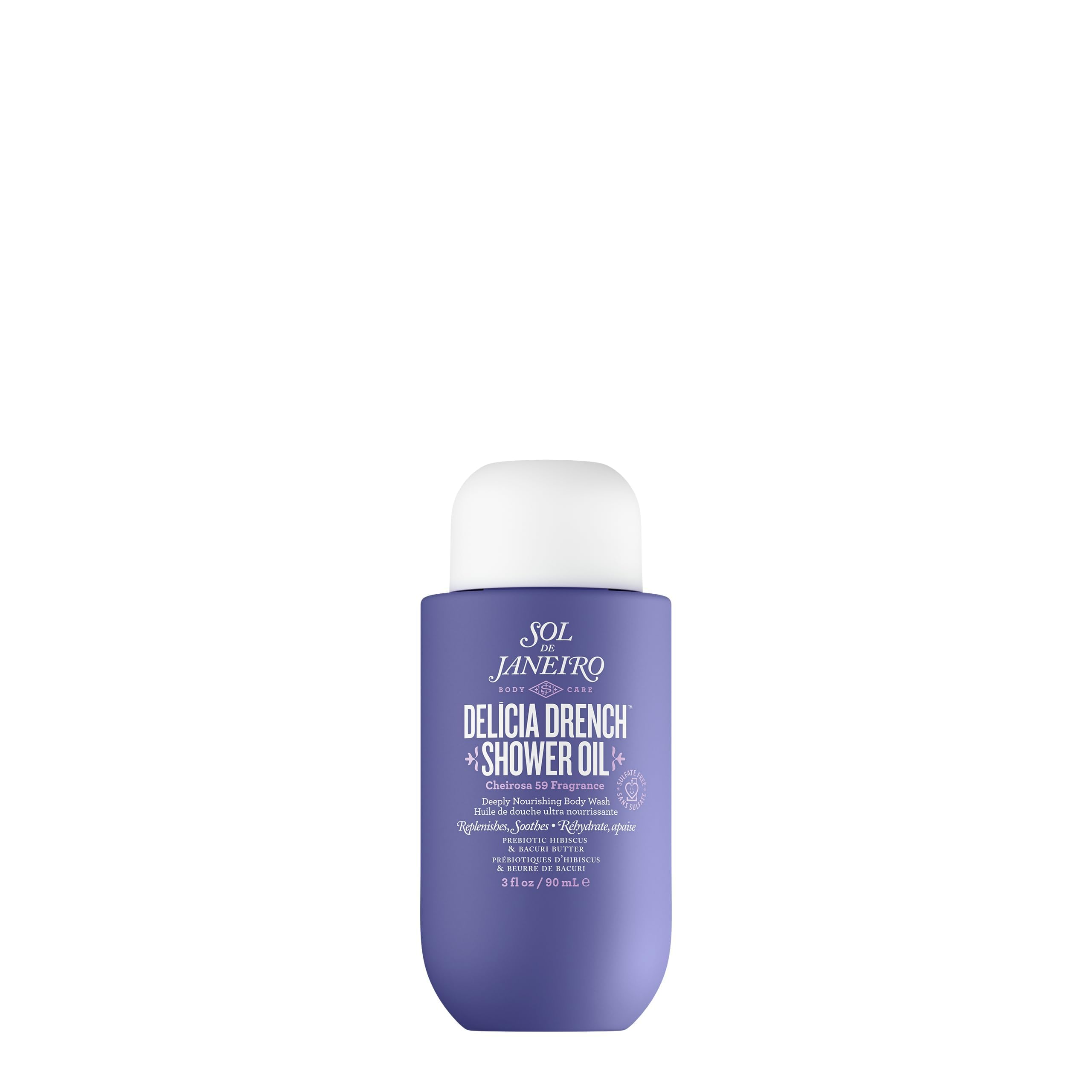 Sol de Janeiro Delícia Drench Shower Oil travel-size bottle ready for on-the-go hydration.