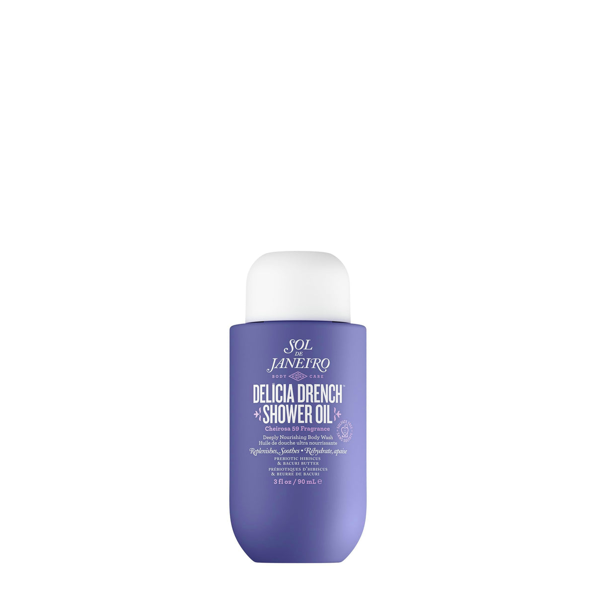 Sol de Janeiro Delícia Drench Shower Oil travel-size bottle ready for on-the-go hydration.