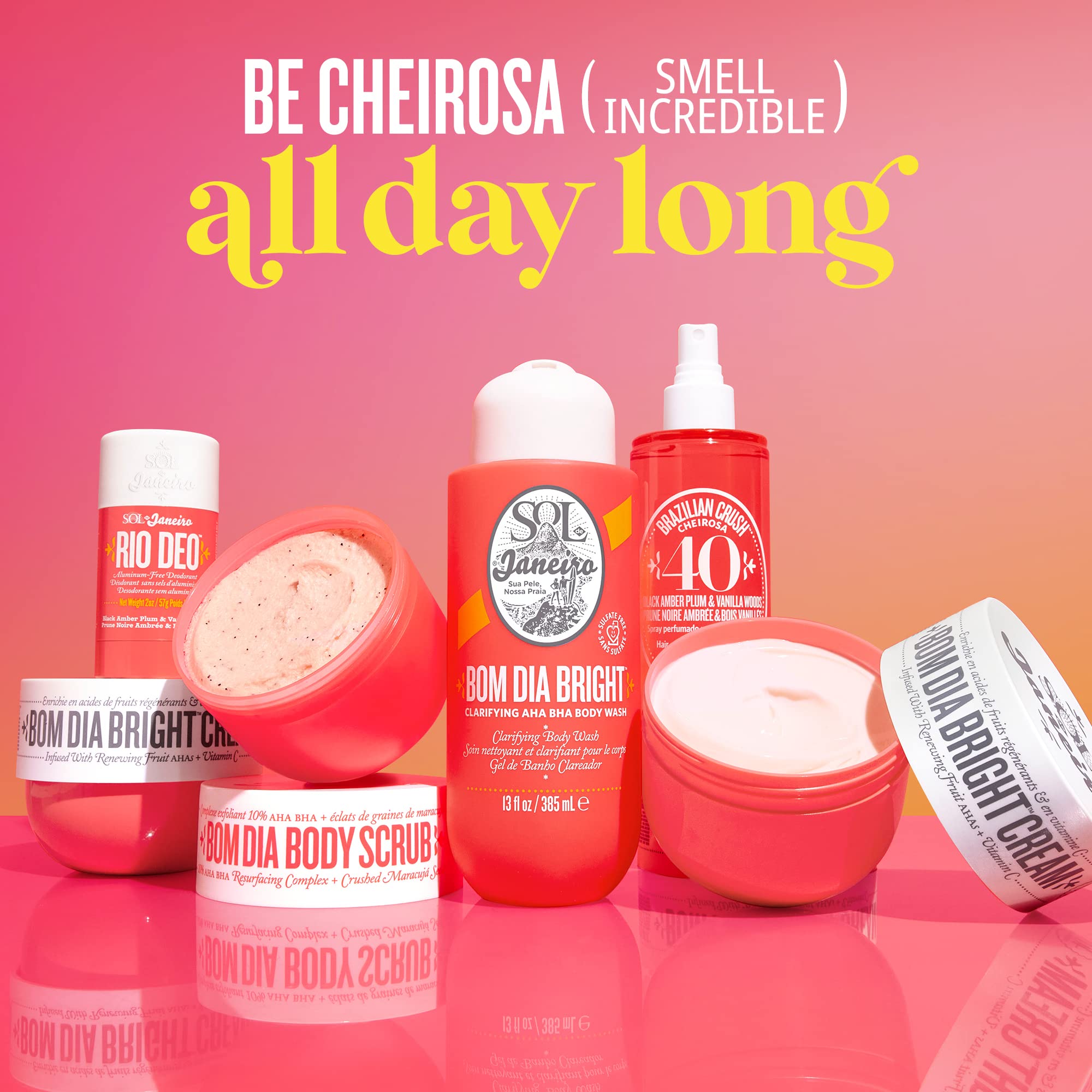 Eco-friendly refill packaging from Sol de Janeiro supports a sustainable routine.