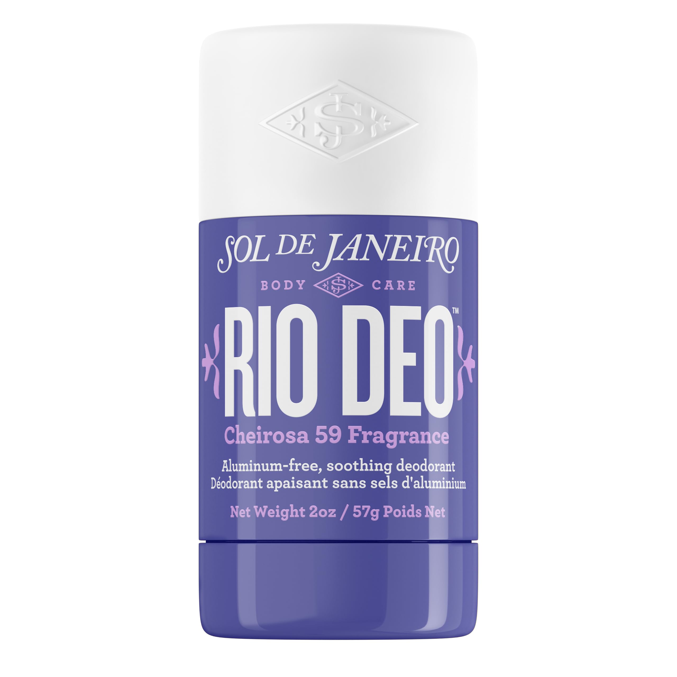 Sol de Janeiro Rio Deo Cheirosa 59 deodorant bottle close-up shows aluminum-free formula for all-day odor control.