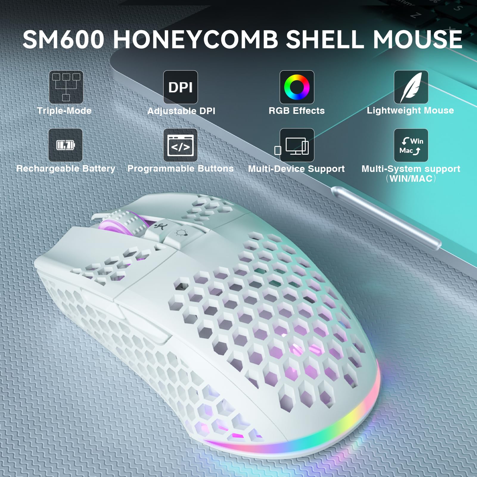 SOLAKAKA SM600 white mouse top buttons for programmable macros and quick access