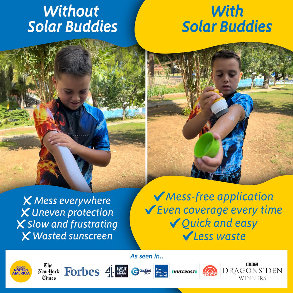 Solar Buddies sunscreen applicator blue with 100ml indicator for travel limits.