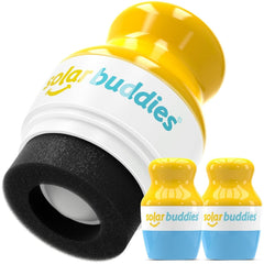 Solar Buddies Sunscreen Applicator blue pack 2 in hand for family sun protection on the go.