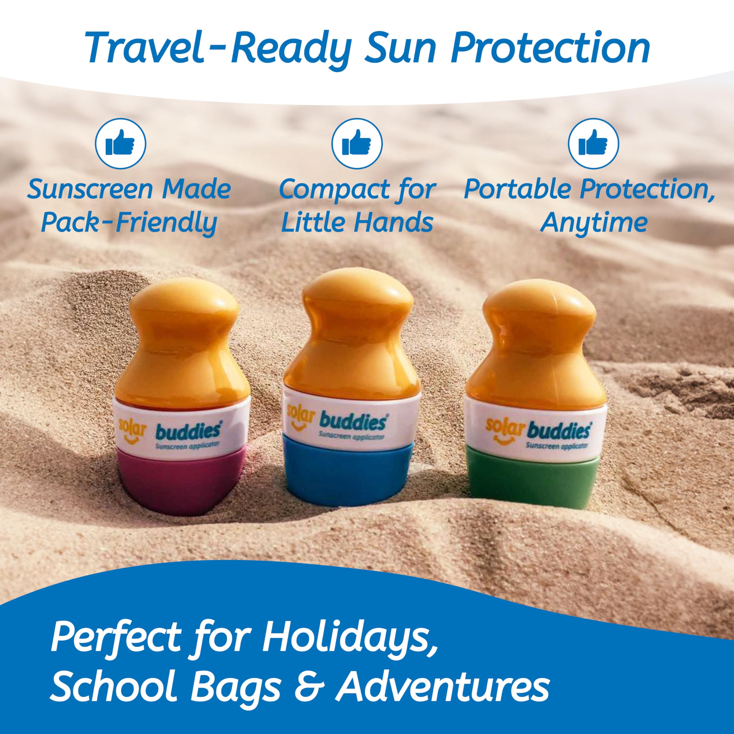 Solar Buddies sunscreen applicator in kids' hands during mess-free application.