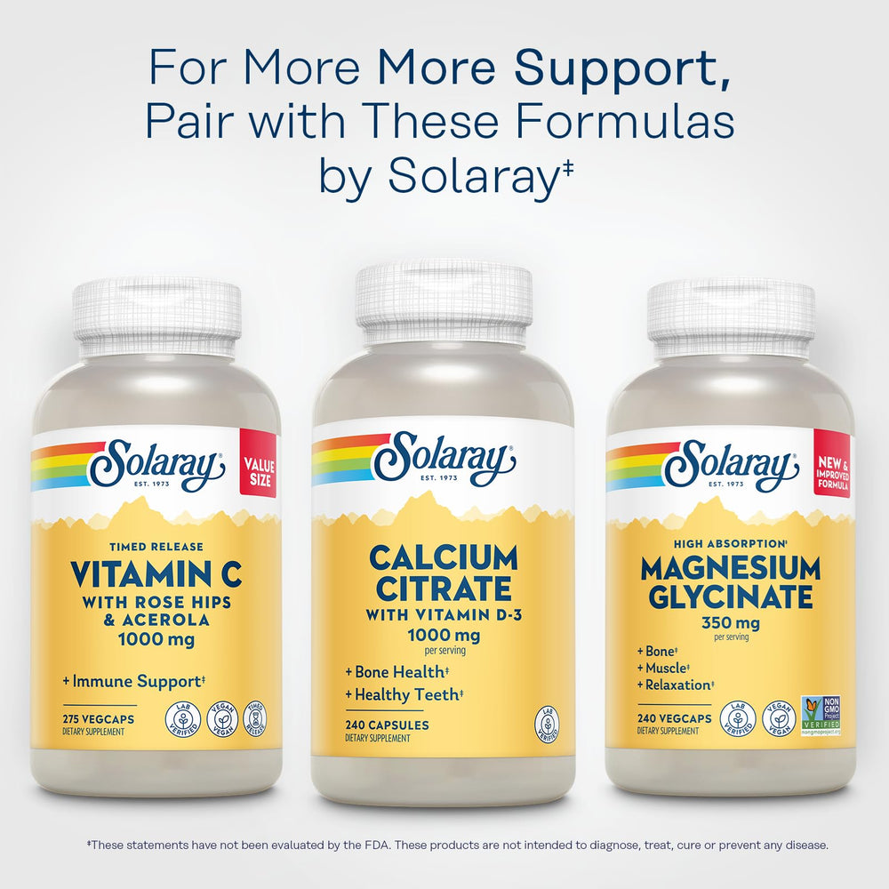 SOLARAY 60 servings per bottle packaging highlights value and long-term convenience.