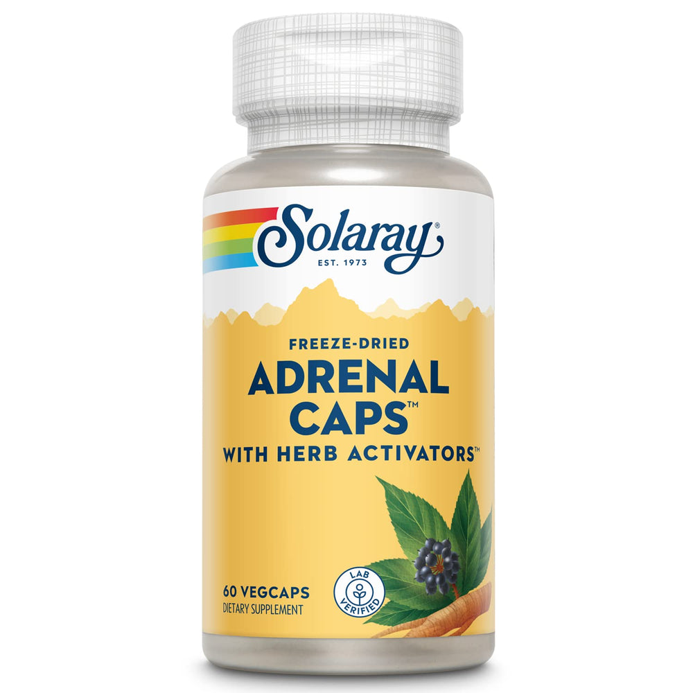 SOLARAY Adrenal Caps bottle front for easy recognition of adrenal support blend.