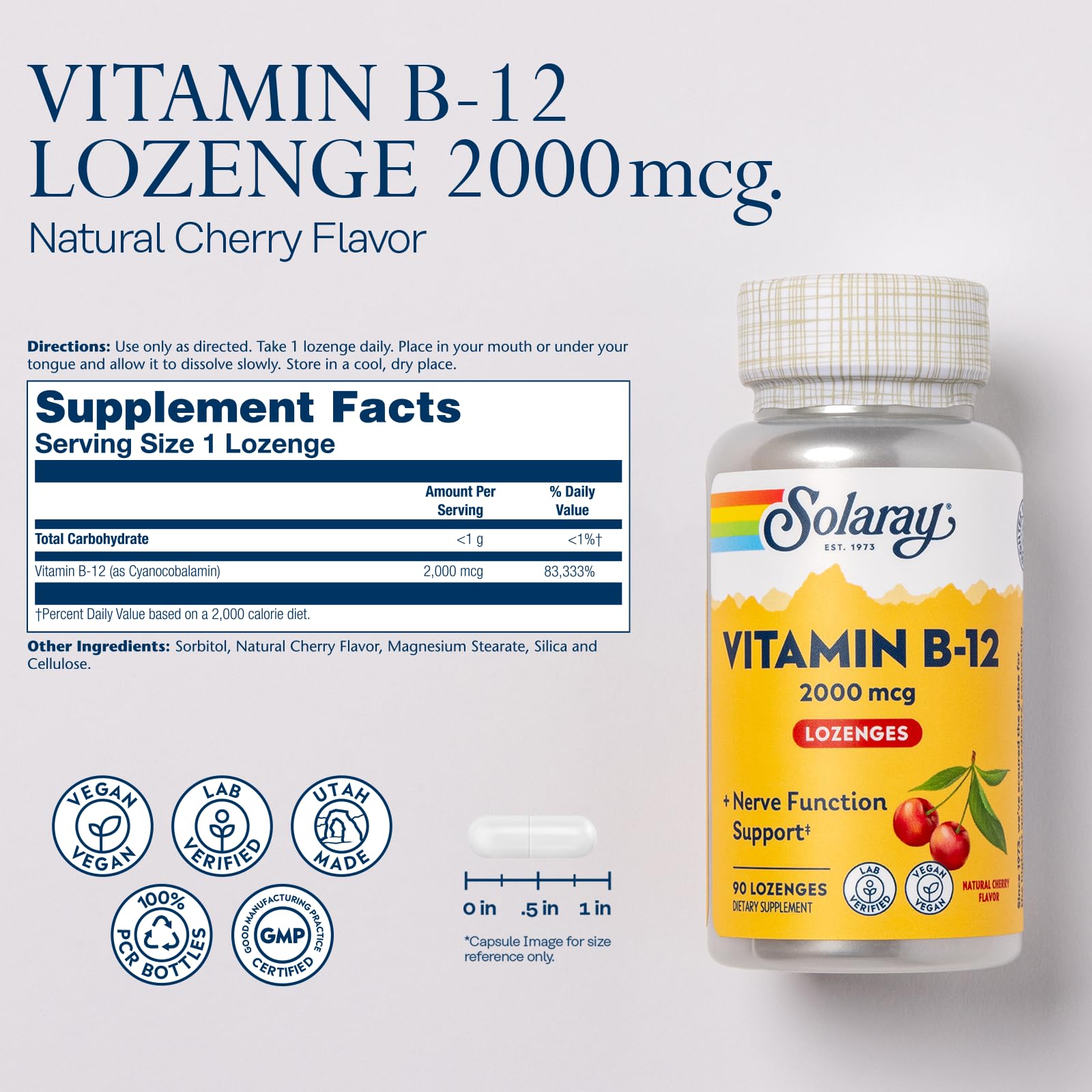 SOLARAY B12 lozenges dissolving under tongue for fast absorption.