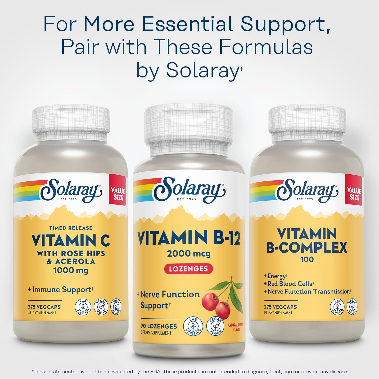 SOLARAY B12 natural cherry flavor lozenges displayed.