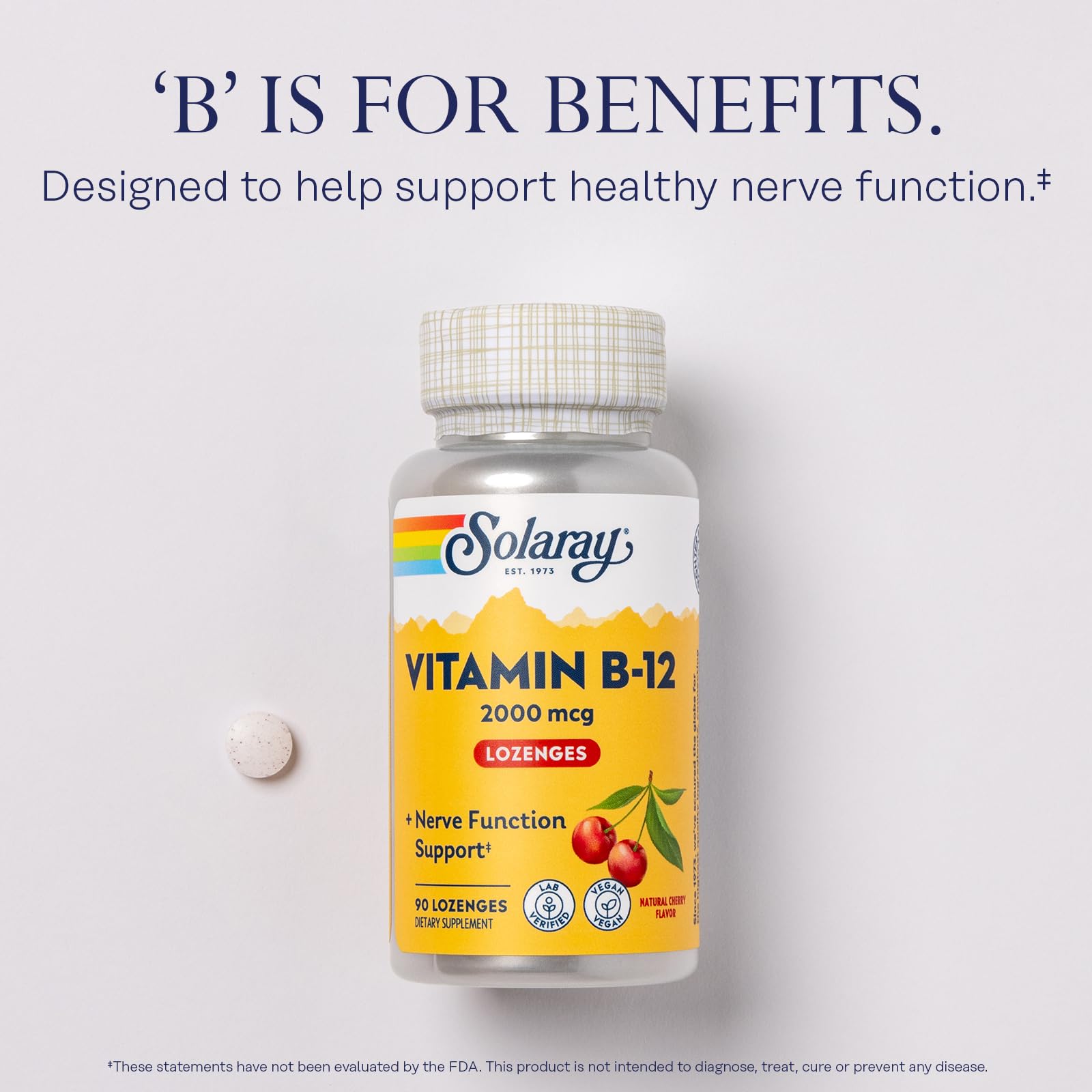 SOLARAY B12 vegan label confirms plant-based nutrition.