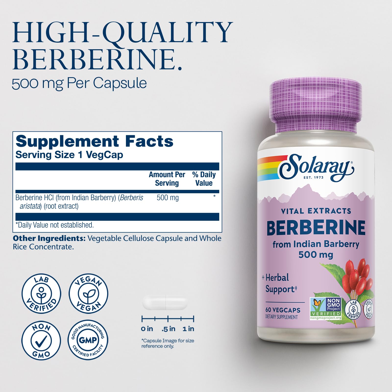 SOLARAY Berberine 500mg capsules close-up showing capsules and vegan coating.