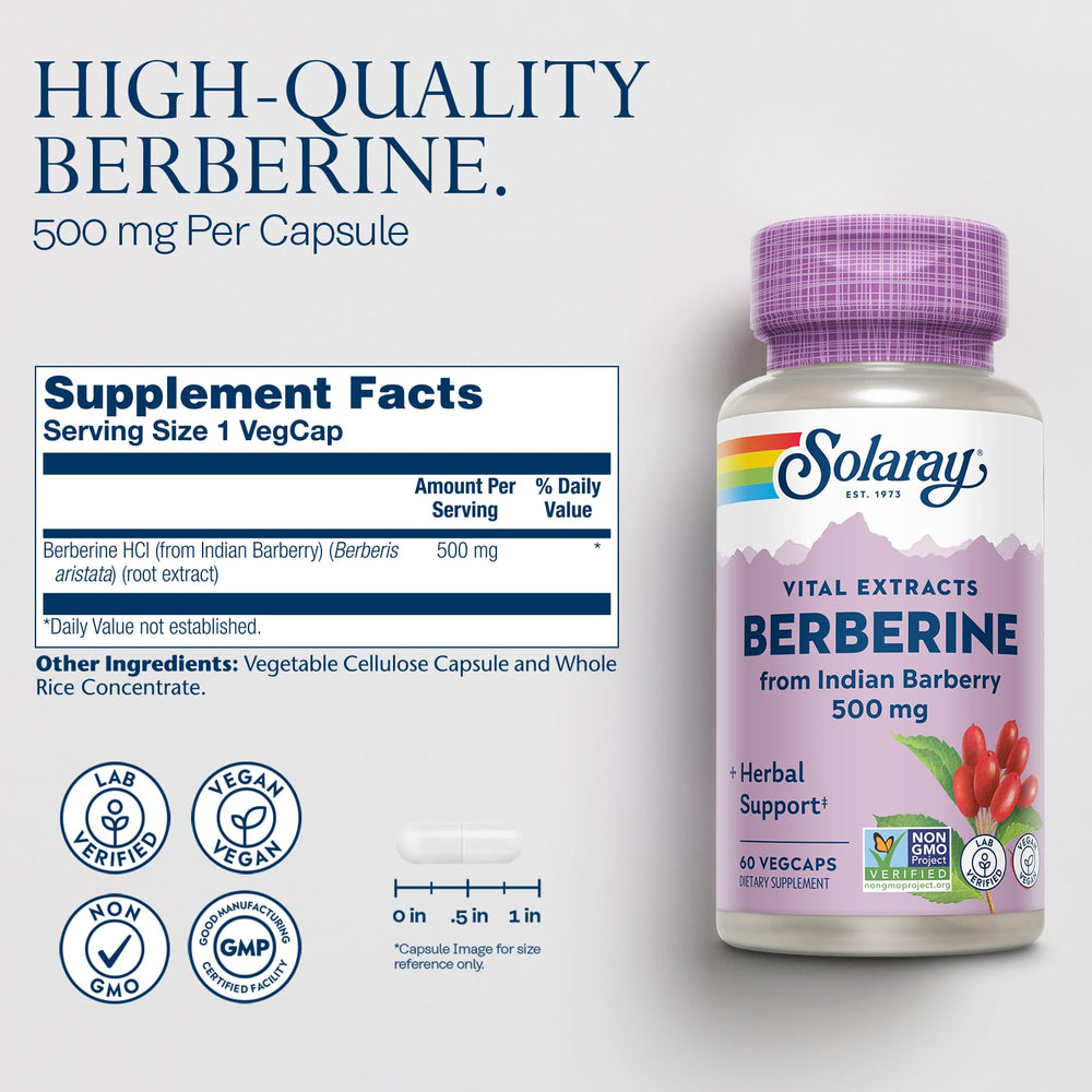 SOLARAY Berberine 500mg capsules close-up showing capsules and vegan coating.