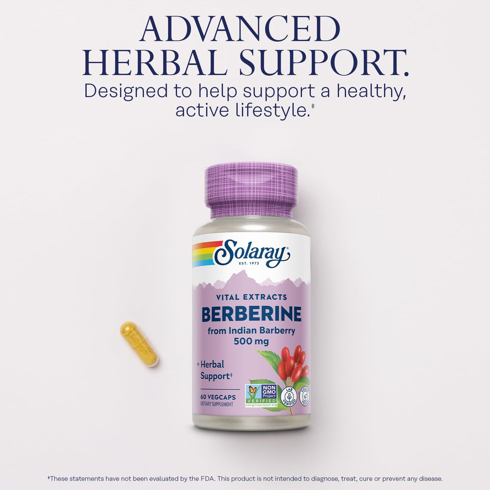 SOLARAY Berberine 500mg ingredient panel lists Berberine HCl and Oregon Grape.
